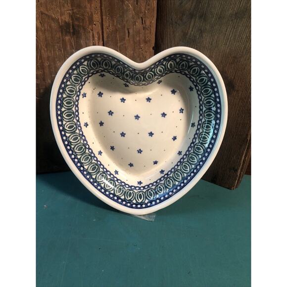 Polish Pottery Heart Shaped Bowl Ceramika Artystyczna Plaque Stars - Picture 6 of 6
